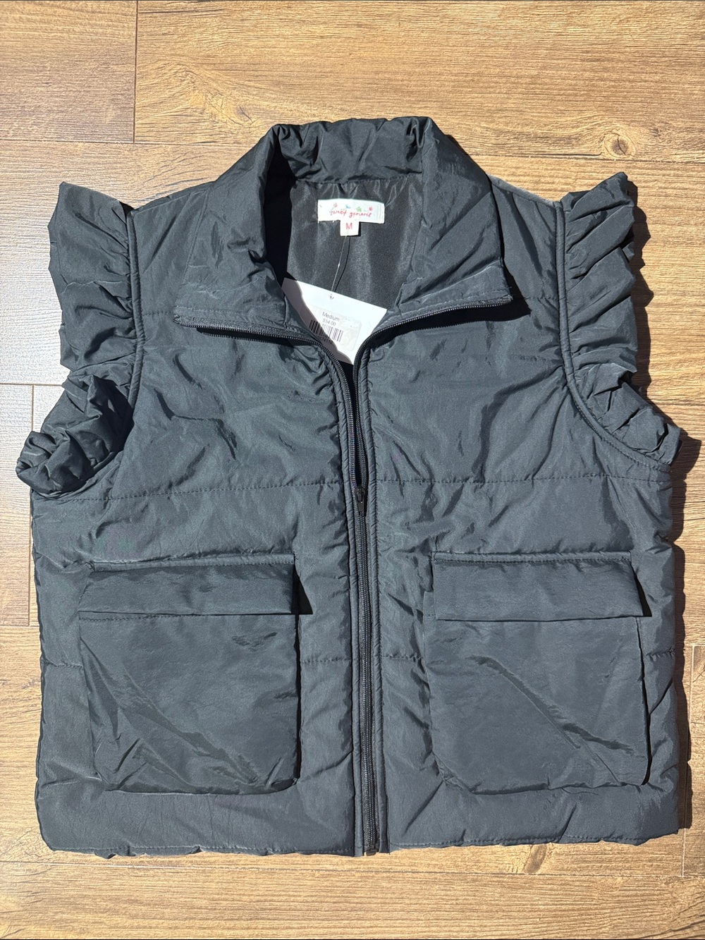 Sweet Generis Black Ruffle Sleeve Puffer Vest Women’s Medium NWT